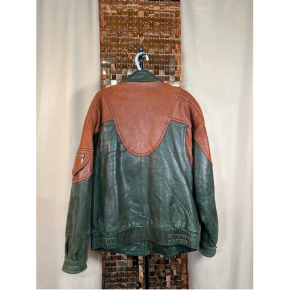 Vintage 80s Modango Brown & Green Leather Bomber Jacket w Shoulder Pads Size XL - Picture 6 of 17